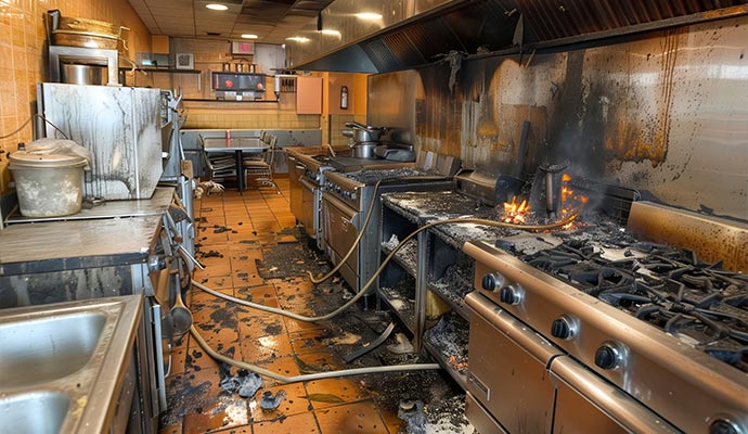 Fire damaged restaurant kitchen
