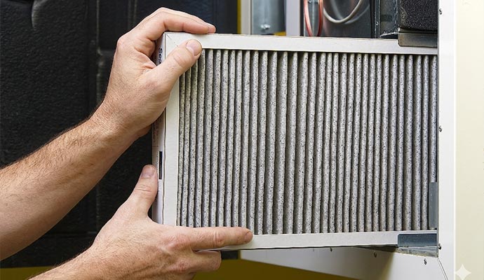 Person removing a dirty air filter from a HVAC system