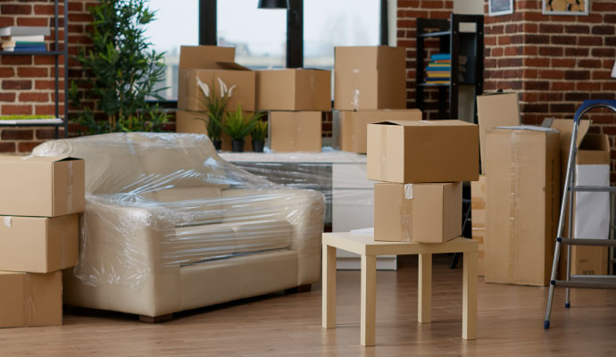 Living room packed up with cardboard boxes and wrapped furniture