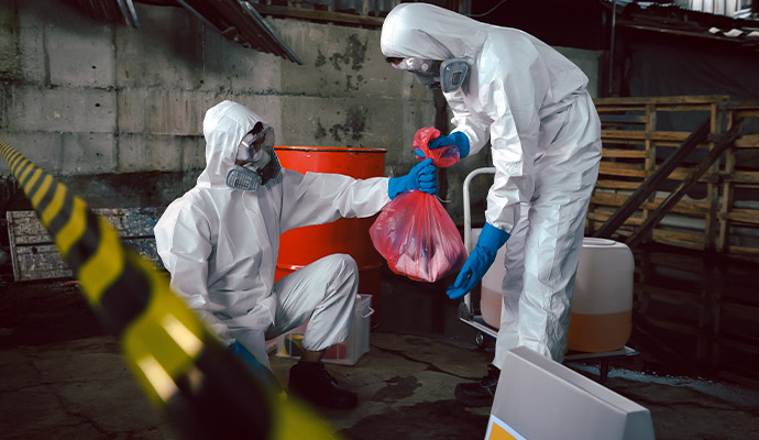 A professional team cleaning biohazard waste