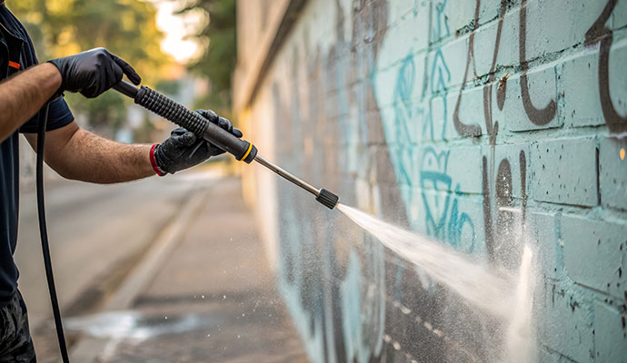Professional removing vandalism using pressure washer