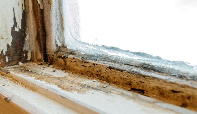 Visible rotting wood in a window frame