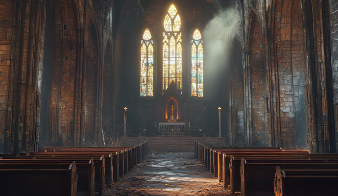 The interior of the church damaged by smoke and soot