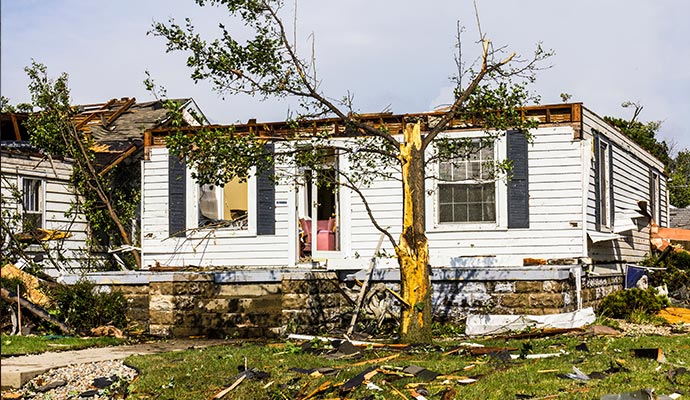 Tornado damage to a residential home.
