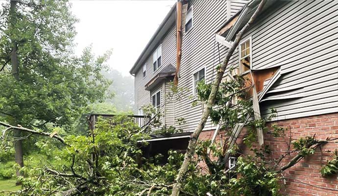 Large tree fallen against a house causing siding damage.