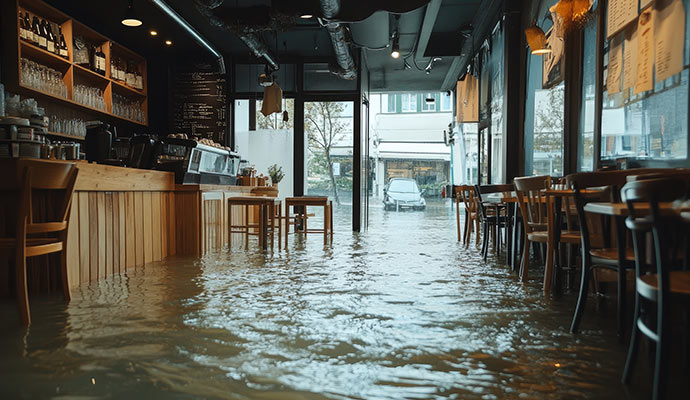 The interior of a modern restaurant completely flooded with water