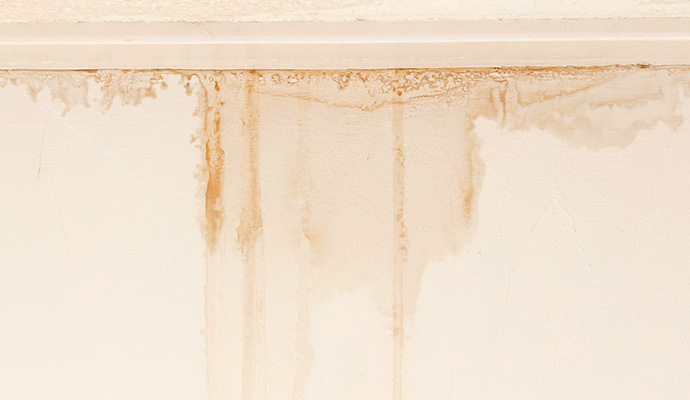 Water damage stains on indoor wall and ceiling