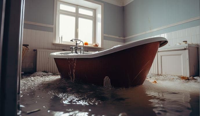 Close-up of a bathtub overflowing with water.
