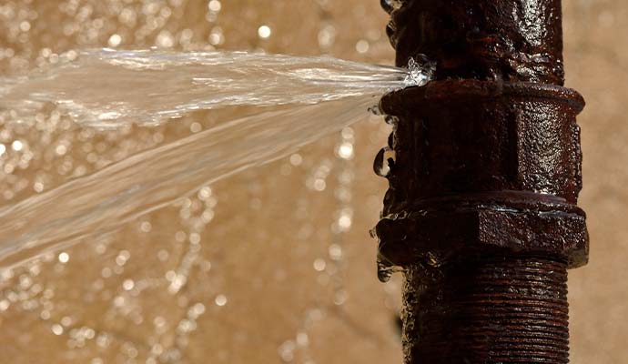 Burst rusty metal pipe spraying water