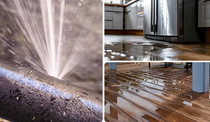 Collage of burst pipe, appliance leaking water and water damaged wooden floor