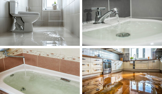 Collage of flooded bathroom, overflowing sink, bathtub and kitchen
