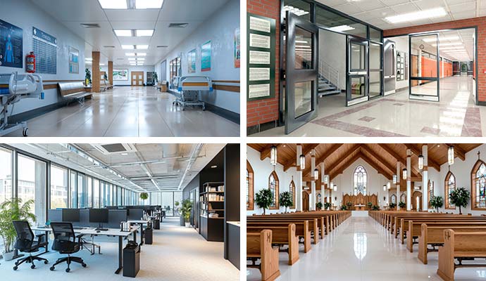 Collage of healthcare, schools, office spaces and places of worship