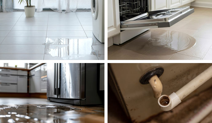 Collage of leaked washing machine, dishwasher, refrigerator, and AC drain line