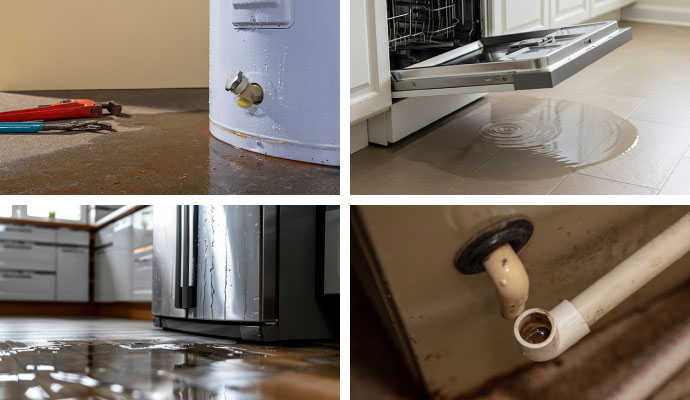 Collage of leaking water heater, dishwasher, refrigerator and AC drain pipe