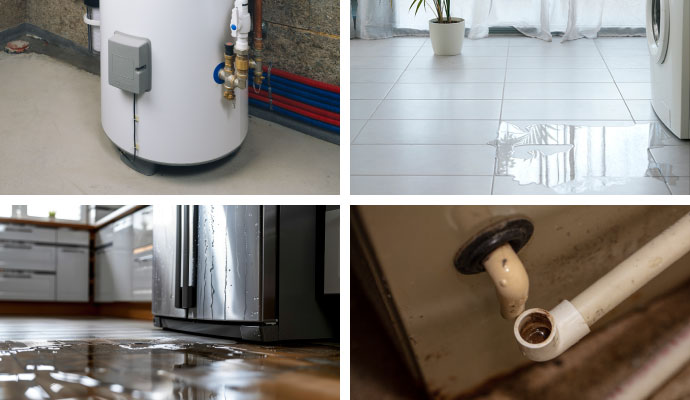 Collage of leaking water heater, washing machine, refrigerator and AC drain pipe