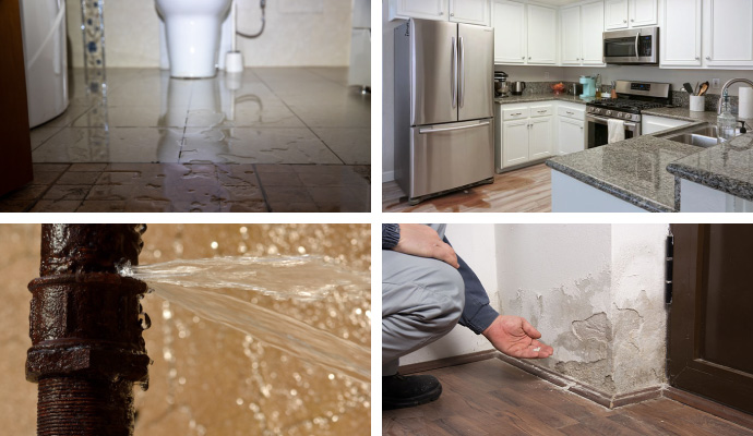 Collage of wet toilet floor, water leaking from refrigerator, water spraying out from burst pipe and expert inspecting structural damage