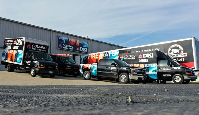 Cousino restoration fleet of trucks and vans with wind fire water graphics