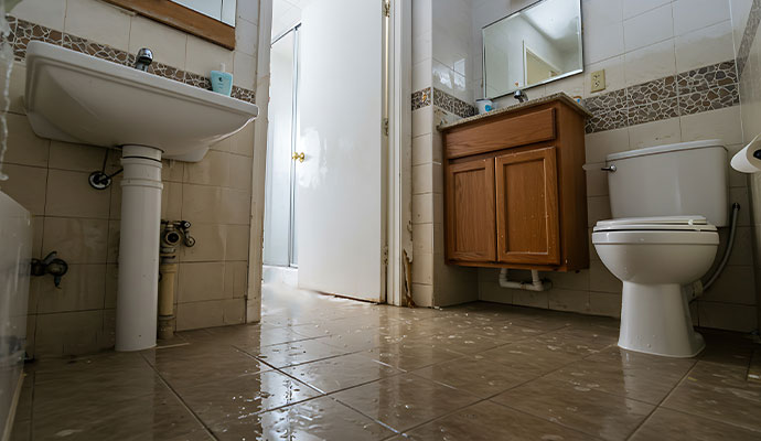 Flooded bathroom floor with standing water near the sink and toilet