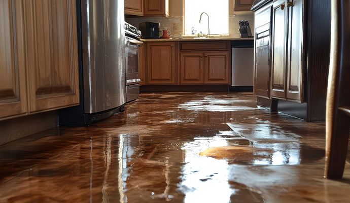 Flooded kitchen floor with standing water reflections