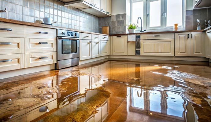 Flooded kitchen with murky standing water and cream cabinets