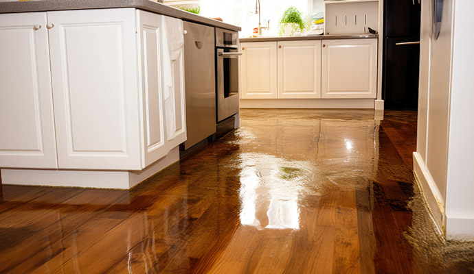 Flooded kitchen with standing water on dark hardwood floor