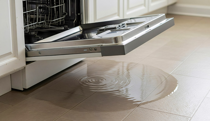 Leaking dishwasher with puddle on kitchen tile floor