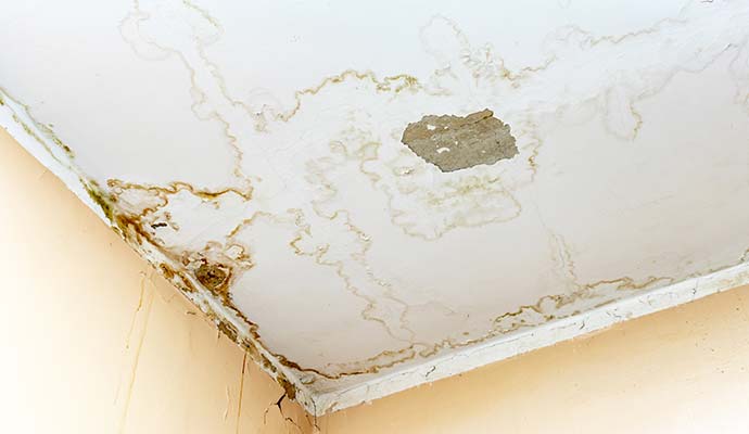 Peeling paint, water stains, and damaged drywall on a ceiling caused by a roof leak