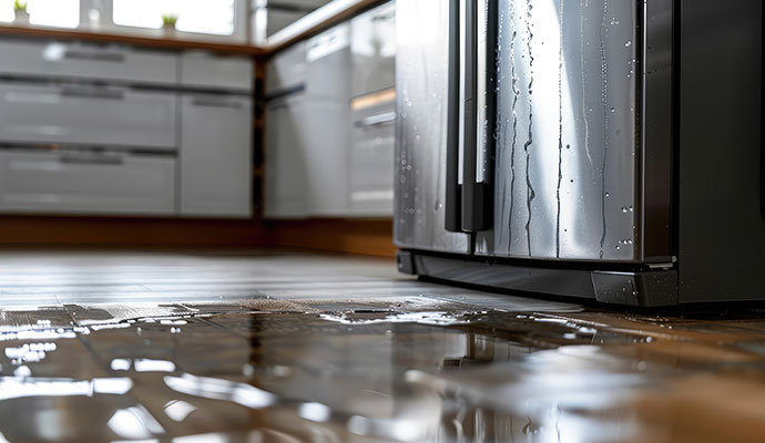 A refrigerator leaking water on wooden floor