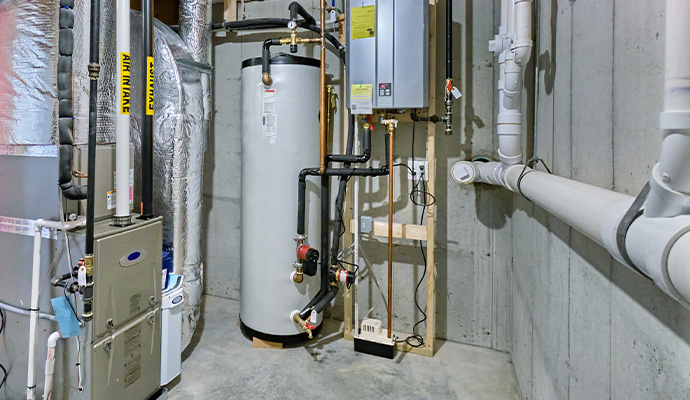 Tankless water heater and storage tank in utility room