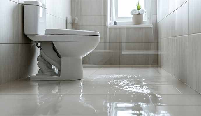 Toilet overflowing with water onto a bathroom floor.