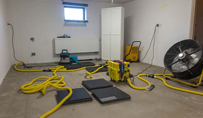 Industrial drying equipment treating moisture under floor surfaces.