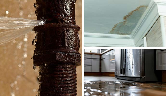 Collage of burst pipe spraying water, ceiling leak stain, and refrigerator floor flooding