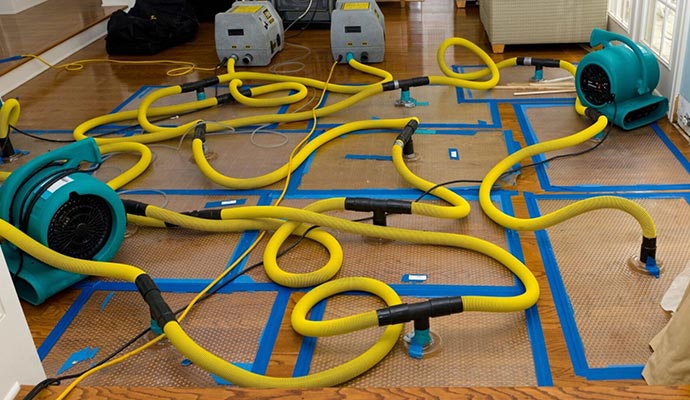 Professional drying equipment removing water from a hardwood floor