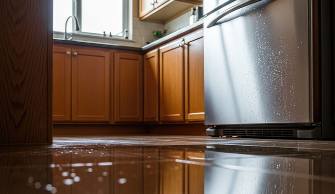Water leaking from a refrigerator onto a kitchen floor