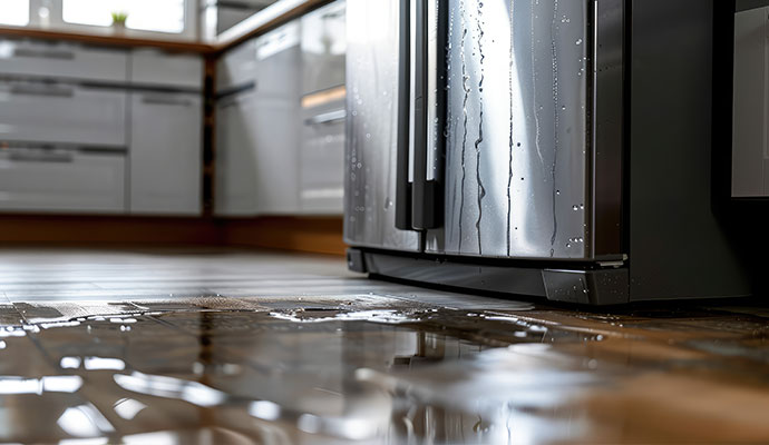 Water leaking from a refrigerator onto a kitchen floor.