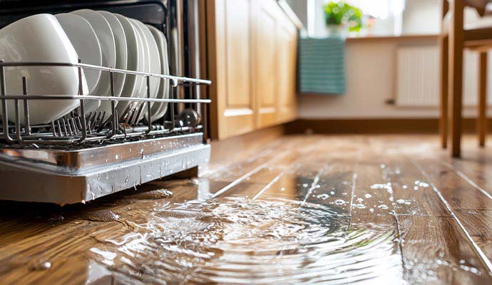 Water Overflows from an open dishwasher onto a wooden kitchen floor