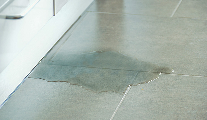 Water puddle seeping from white appliance on tiled floor