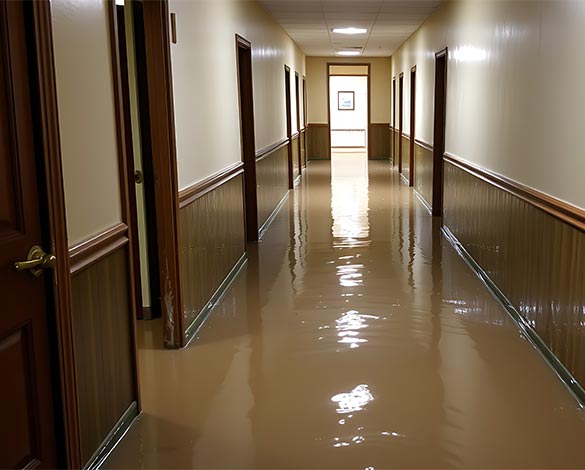 Water damaged hotel hallway