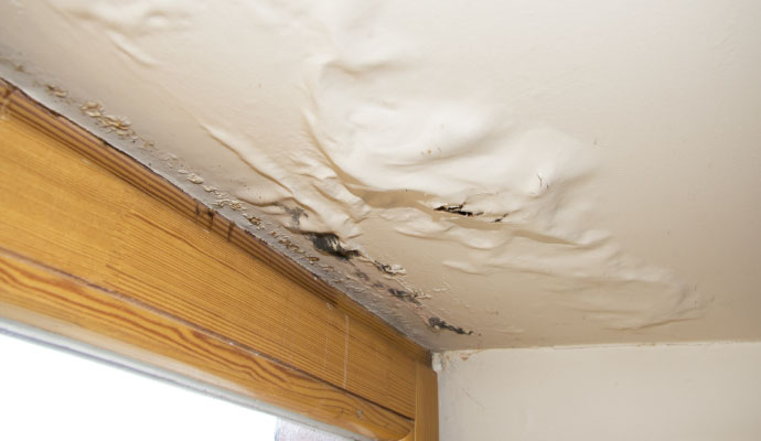 Water-damaged ceiling with peeling paint