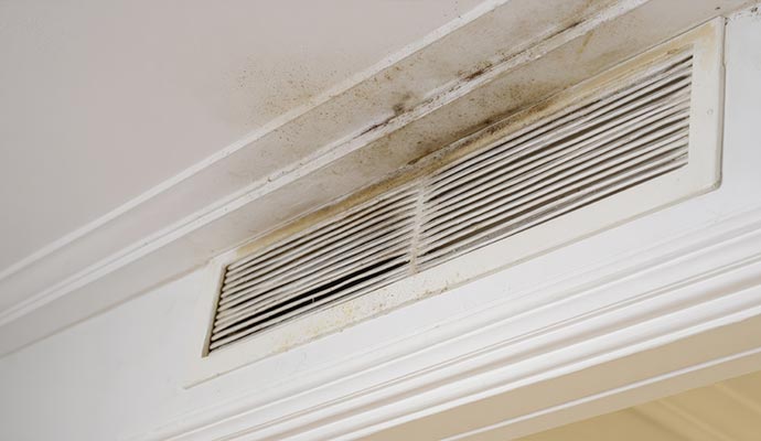 A close-up view of a white wall air vent with significant dirt and mold